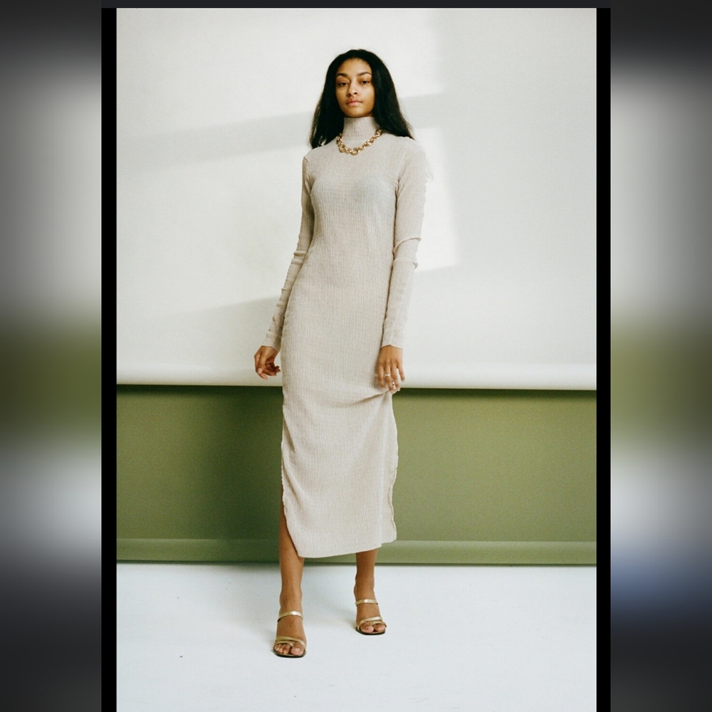 Callahan | Camel Cashmere Maxi Bodycon Turtleneck Sweater Dress - Size: S